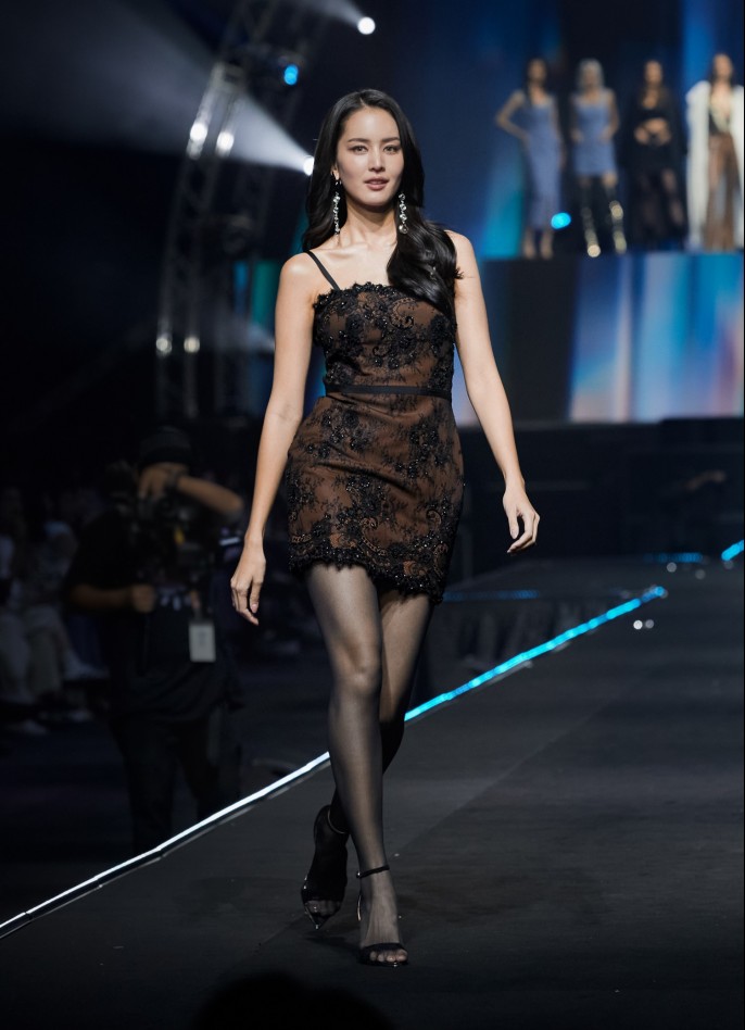 BROWN / BLACK HAND-EMBROIDERED SPANISH LACE CREPE-BLEND MINI DRESS